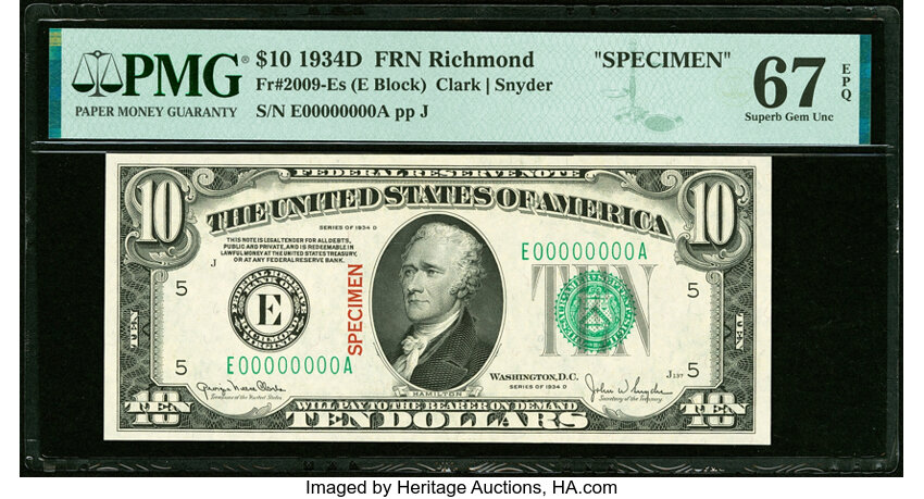 image for: Solid Serial Number E00000000A Fr. 2009-E $10 1934D Specimen Federal Reserve Note. PMG Superb Gem Unc 67 EPQ....