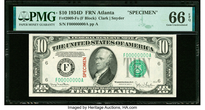 image for: Solid Serial Number F00000000A Fr. 2009-F $10 1934D Specimen Federal Reserve Note. PMG Gem Uncirculated 66 EPQ....