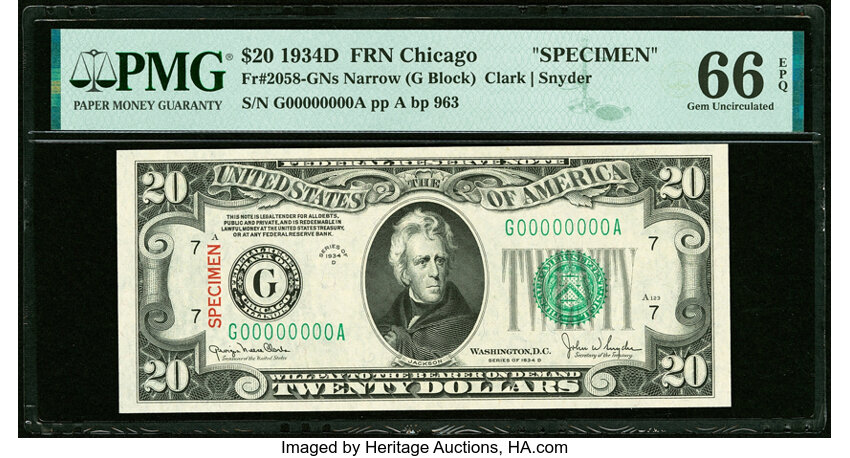 image for: Solid Serial Number G00000000A Fr. 2058-G $20 1934D Narrow Specimen Federal Reserve Note. PMG Gem Uncirculated 66 EPQ....