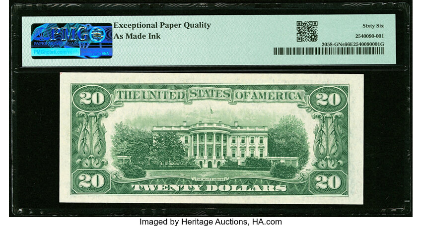 image for: Solid Serial Number G00000000A Fr. 2058-G $20 1934D Narrow Specimen Federal Reserve Note. PMG Gem Uncirculated 66 EPQ....