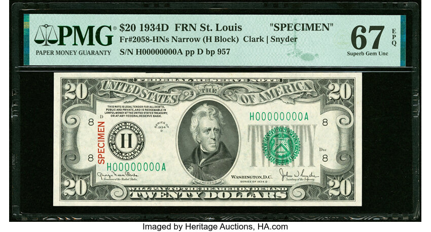 image for: Solid Serial Number H00000000A Fr. 2058-H $20 1934D Narrow Specimen Federal Reserve Note. PMG Superb Gem Unc 67 EPQ....