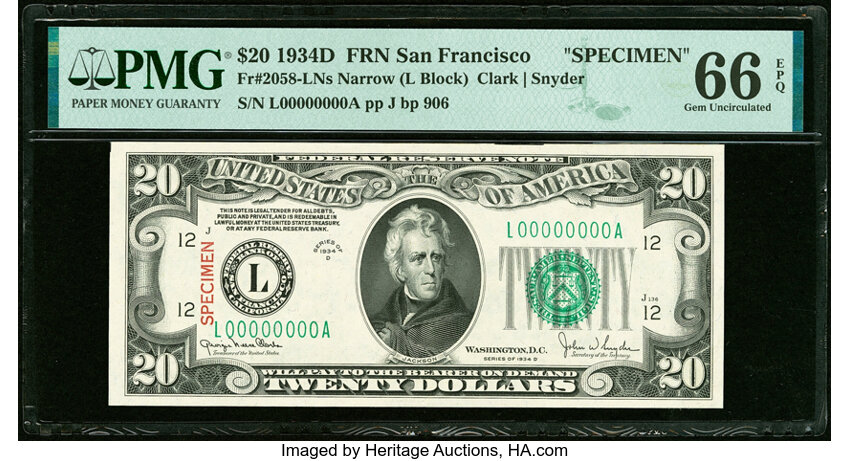 image for: Solid Serial Number L00000000A Fr. 2058-L $20 1934D Narrow Specimen Federal Reserve Note. PMG Gem Uncirculated 66 EPQ....