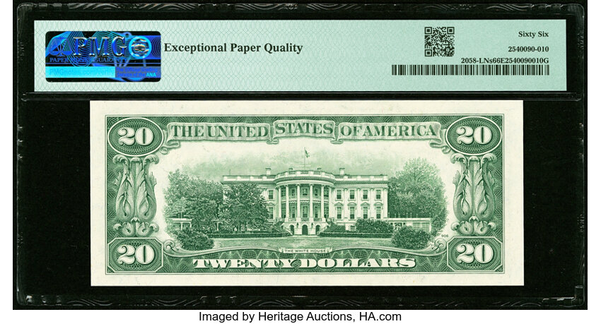 image for: Solid Serial Number L00000000A Fr. 2058-L $20 1934D Narrow Specimen Federal Reserve Note. PMG Gem Uncirculated 66 EPQ....