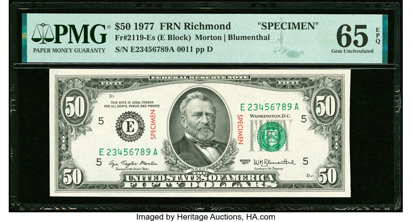 image for: Ascending Ladder Serial Number E23456789A Fr. 2119-E $50 1977 Specimen Federal Reserve Note. PMG Gem Uncirculated 65 EPQ....