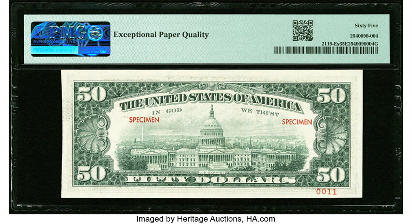 image for: Ascending Ladder Serial Number E23456789A Fr. 2119-E $50 1977 Specimen Federal Reserve Note. PMG Gem Uncirculated 65 EPQ....