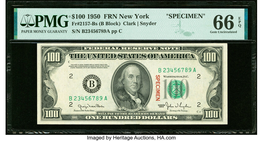 image for: Ascending Ladder Serial Number B23456789A Fr. 2157-B $100 1950 Specimen Federal Reserve Note. PMG Gem Uncirculated 66 EPQ....