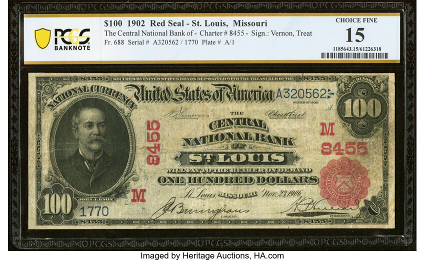 image for: Saint Louis, MO - $100 1902 Red Seal Fr. 688 The Central National Bank Ch. # (M)8455 PCGS Banknote Choice Fine 15....