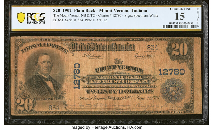 image for: Mount Vernon, IN - $20 1902 Plain Back Fr. 661 The Mount Vernon National Bank & Trust Company Ch. # 12780 PCGS Banknote Choice...