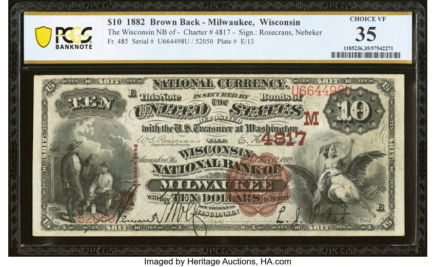image for: Milwaukee, WI - $10 1882 Brown Back Fr. 485 The Wisconsin National Bank Ch. # (M)4817 PCGS Banknote Choice VF 35....