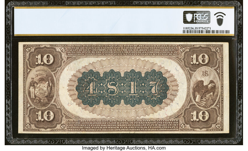 image for: Milwaukee, WI - $10 1882 Brown Back Fr. 485 The Wisconsin National Bank Ch. # (M)4817 PCGS Banknote Choice VF 35....