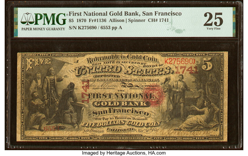 image for: San Francisco, CA - $5 1870 Fr. 1136 The First National Gold Bank Ch. # 1741 PMG Very Fine 25....