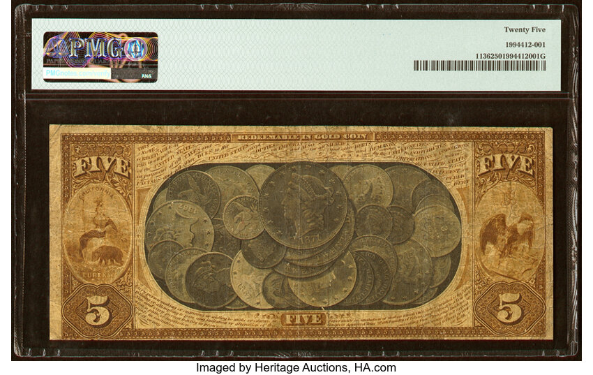 image for: San Francisco, CA - $5 1870 Fr. 1136 The First National Gold Bank Ch. # 1741 PMG Very Fine 25....
