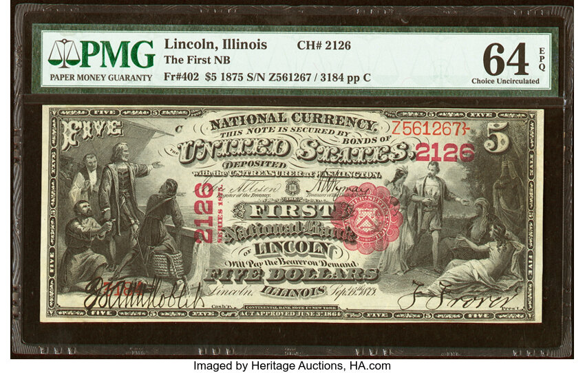 image for: Lincoln, IL - $5 1875 Fr. 402 The First National Bank Ch. # 2126 PMG Choice Uncirculated 64 EPQ....