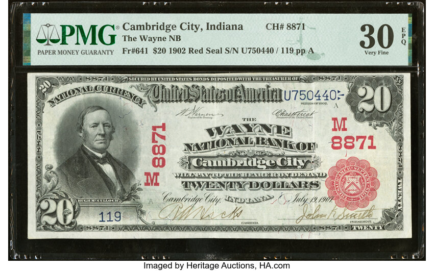 image for: Cambridge City, IN - $20 1902 Red Seal Fr. 641 The Wayne National Bank Ch. # (M)8871 PMG Very Fine 30 EPQ....