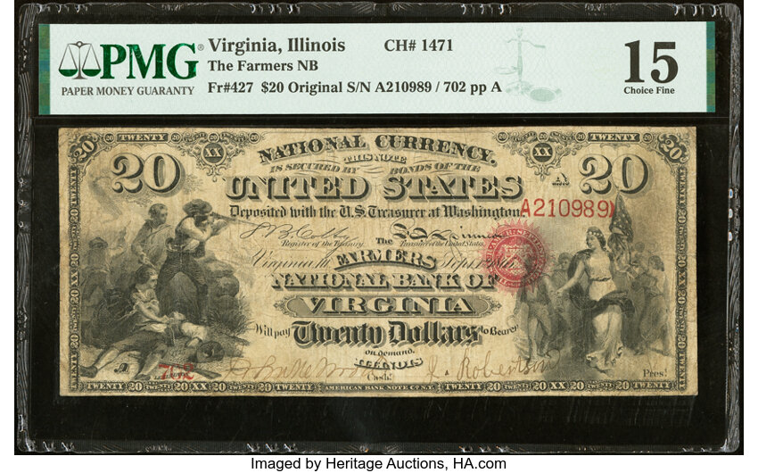 image for: Virginia, IL - $20 Original Fr. 427 The Farmers National Bank Ch. # 1471 PMG Choice Fine 15....