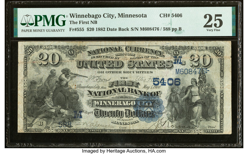 image for: Winnebago, MN - $20 1882 Date Back Fr. 555 The First National Bank Ch. # (M)5406 PMG Very Fine 25....