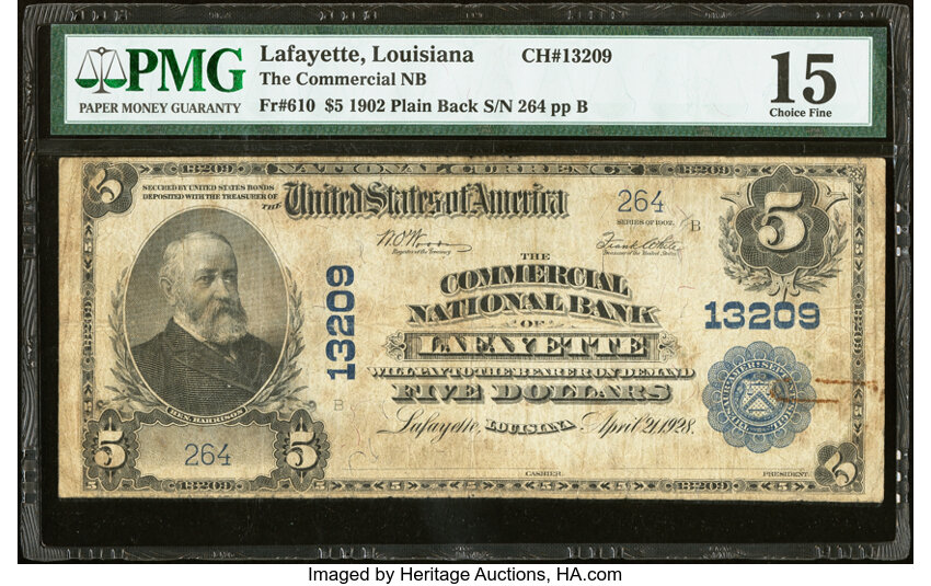 image for: Lafayette, LA - $5 1902 Plain Back Fr. 610 The Commercial National Bank Ch. # 13209 PMG Choice Fine 15....