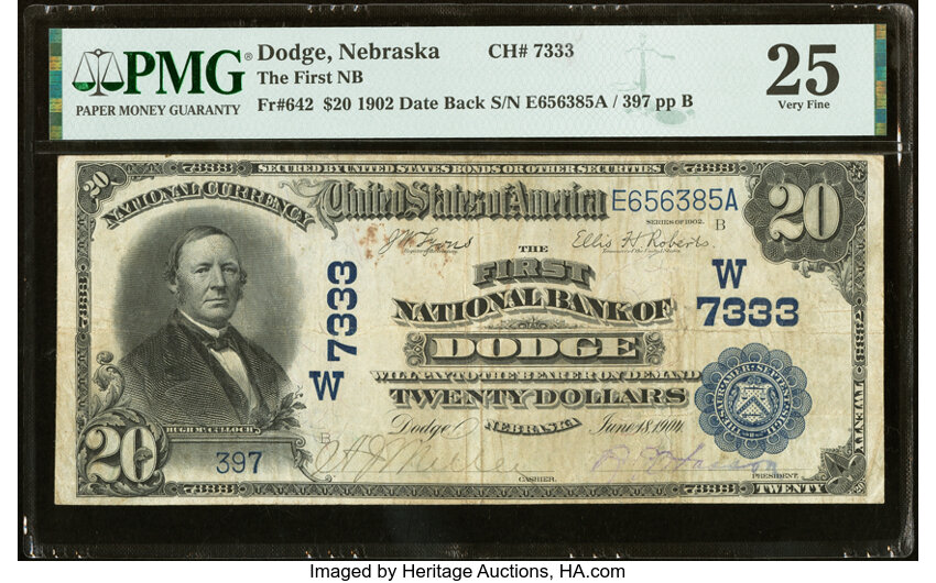 image for: Dodge, NE - $20 1902 Date Back Fr. 642 The First National Bank Ch. # (W)7333 PMG Very Fine 25....