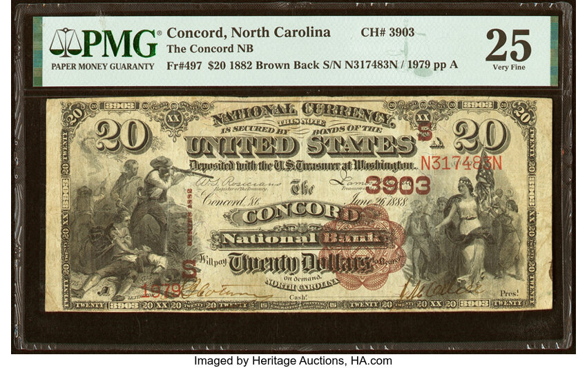image for: Concord, NC - $20 1882 Brown Back Fr. 497 The Concord National Bank Ch. # (S)3903 PMG Very Fine 25....