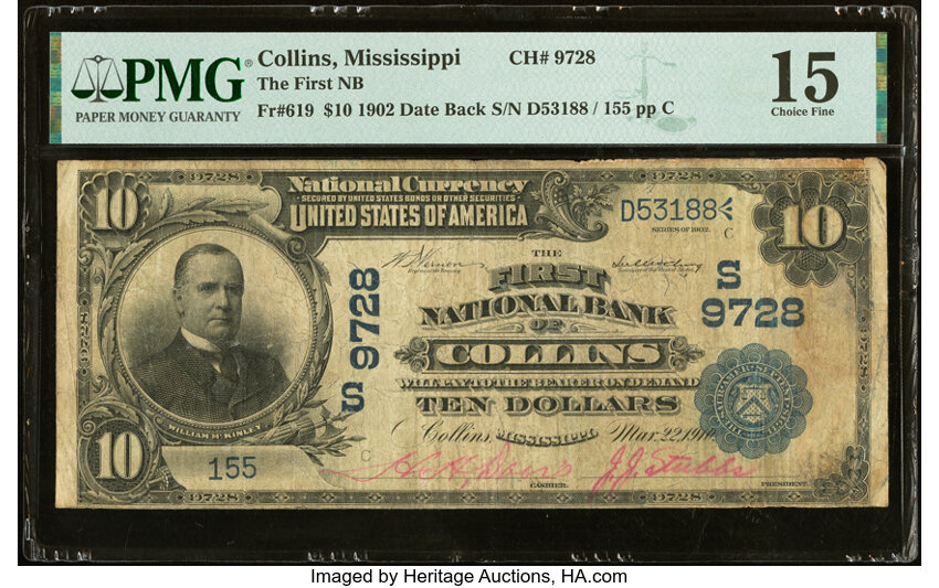 image for: Collins, MS - $10 1902 Date Back Fr. 619 The First National Bank Ch. # (S)9728 PMG Choice Fine 15....