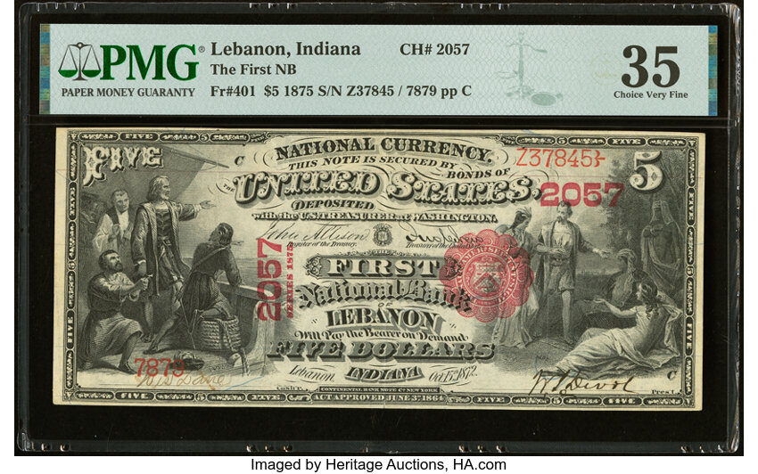 image for: Lebanon, IN - $5 1875 Fr. 401 The First National Bank Ch. # 2057 PMG Choice Very Fine 35....