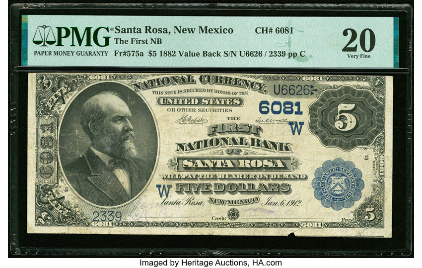 image for: Santa Rosa, NM - $5 1882 Value Back Fr. 575a The First National Bank Ch. # (W)6081 PMG Very Fine 20....