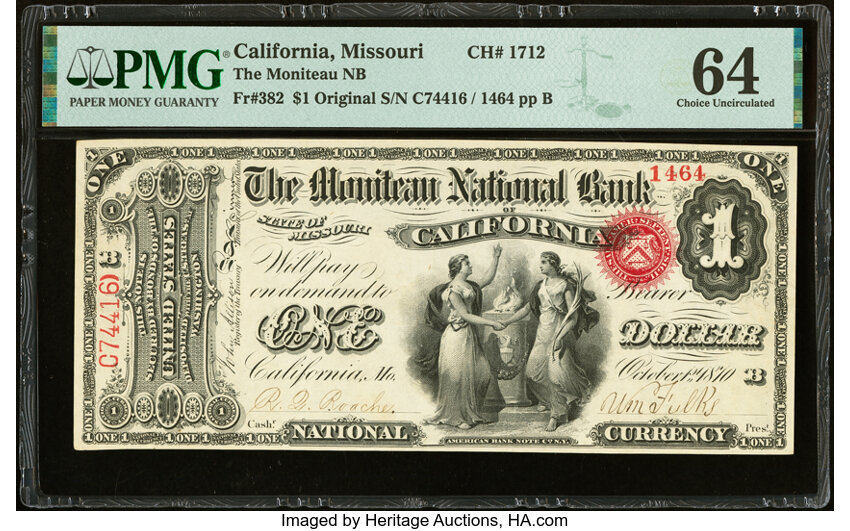 image for: California, MO - $1 Original Fr. 382 The Moniteau National Bank Ch. # 1712 PMG Choice Uncirculated 64....