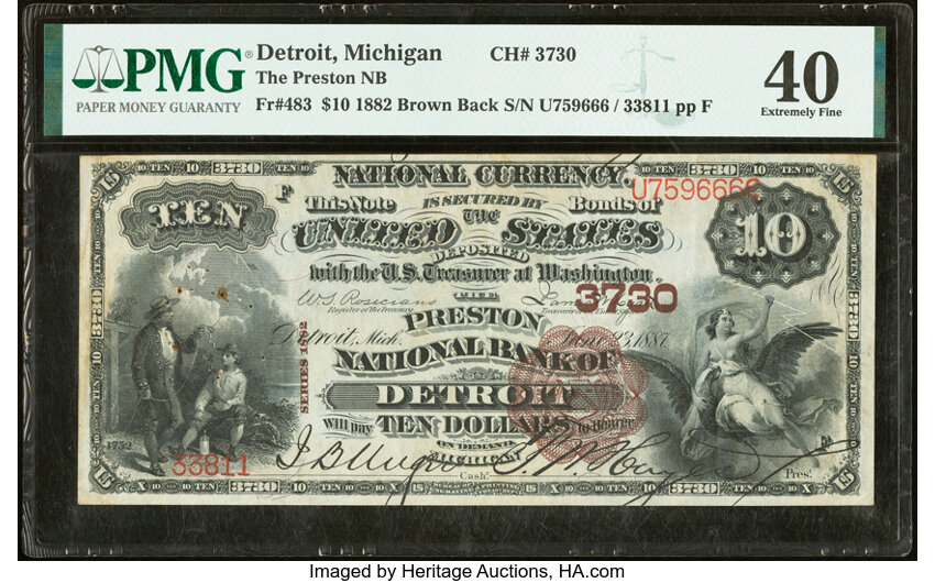 image for: Detroit, MI - $10 1882 Brown Back Fr. 483 The Preston National Bank Ch. # 3730 PMG Extremely Fine 40....