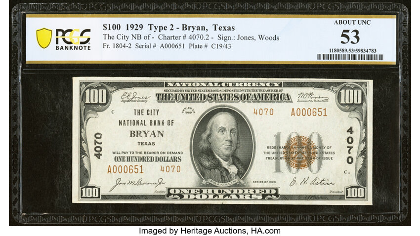 image for: Bryan, TX - $100 1929 Ty. 2 The City National Bank Ch. # 4070 PCGS Banknote About Unc 53....