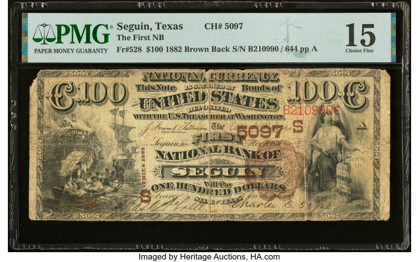 image for: Seguin, TX - $100 1882 Brown Back Fr. 528 The First National Bank Ch. # (S)5097 PMG Choice Fine 15....