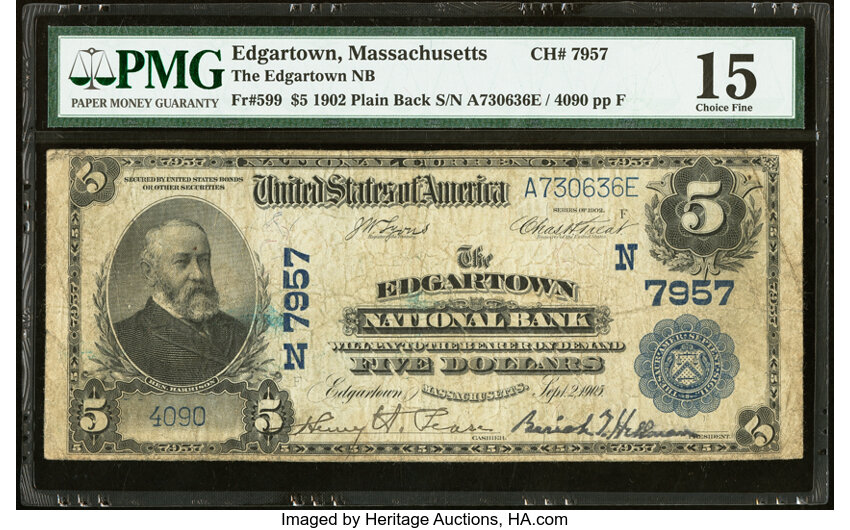 image for: Edgartown, MA - $5 1902 Plain Back Fr. 599 The Edgartown National Bank Ch. # (N)7957 PMG Choice Fine 15....