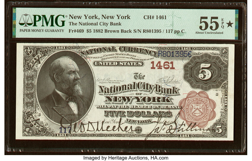 image for: New York, NY - $5 1882 Brown Back Fr. 469 The National City Bank Ch. # 1461 PMG About Uncirculated 55 EPQ*....