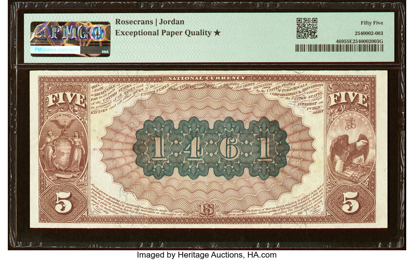 image for: New York, NY - $5 1882 Brown Back Fr. 469 The National City Bank Ch. # 1461 PMG About Uncirculated 55 EPQ*....
