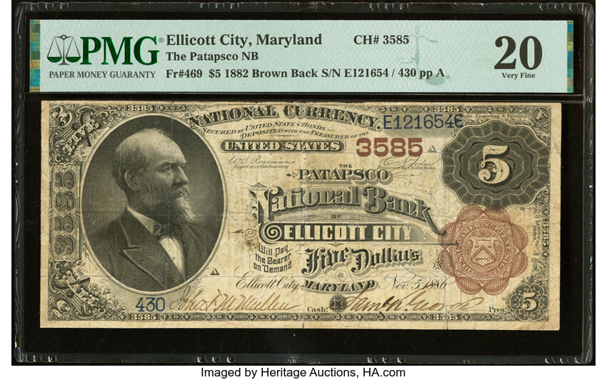 image for: Ellicott City, MD - $5 1882 Brown Back Fr. 469 The Patapsco National Bank Ch. # 3585 PMG Very Fine 20....
