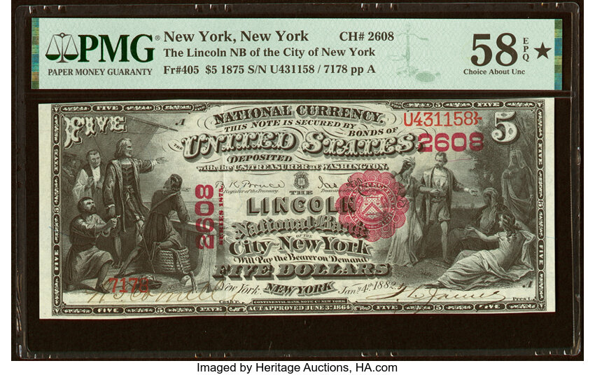 image for: New York, NY - $5 1875 Fr. 405 The Lincoln National Bank Ch. # 2608 PMG Choice About Unc 58 EPQ*....