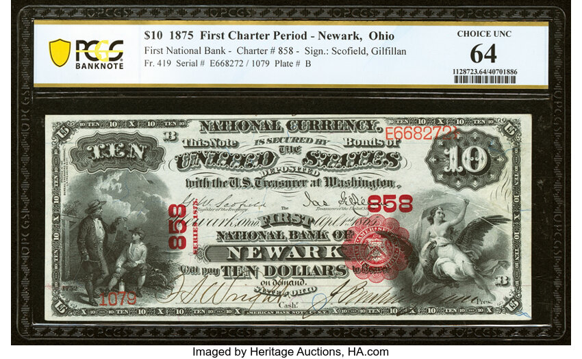 image for: Newark, OH - $10 1875 Fr. 419 The First National Bank Ch. # 858 PCGS Banknote Choice Unc 64....