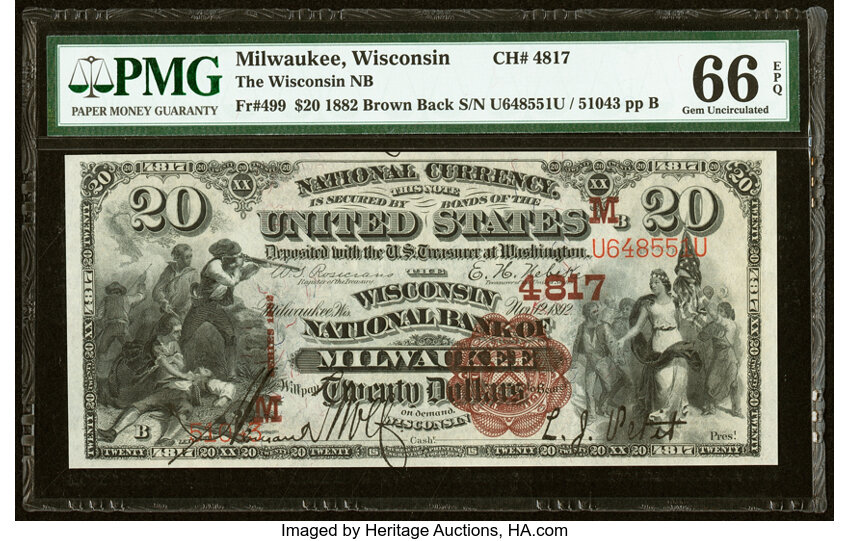 image for: Milwaukee, WI - $20 1882 Brown Back Fr. 499 The Wisconsin National Bank Ch. # (M)4817 PMG Gem Uncirculated 66 EPQ....
