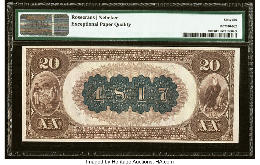 image for: Milwaukee, WI - $20 1882 Brown Back Fr. 499 The Wisconsin National Bank Ch. # (M)4817 PMG Gem Uncirculated 66 EPQ....