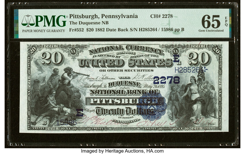 image for: Pittsburgh, PA - $20 1882 Date Back Fr. 552 The Duquesne National Bank Ch. # 2278 PMG Gem Uncirculated 65 EPQ....
