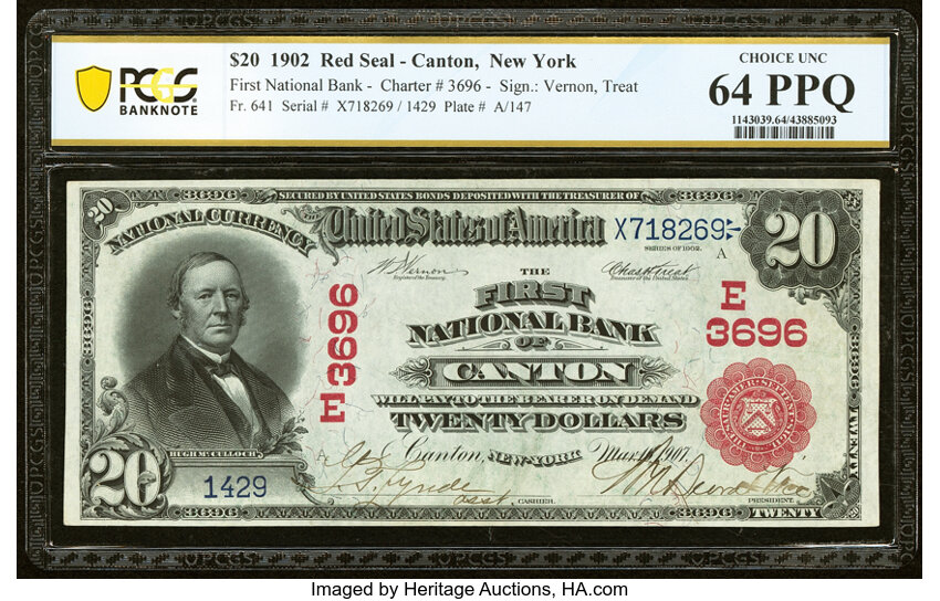 image for: Canton, NY - $20 1902 Red Seal Fr. 641 The First National Bank Ch. # (E)3696 PCGS Banknote Choice Unc 64 PPQ....