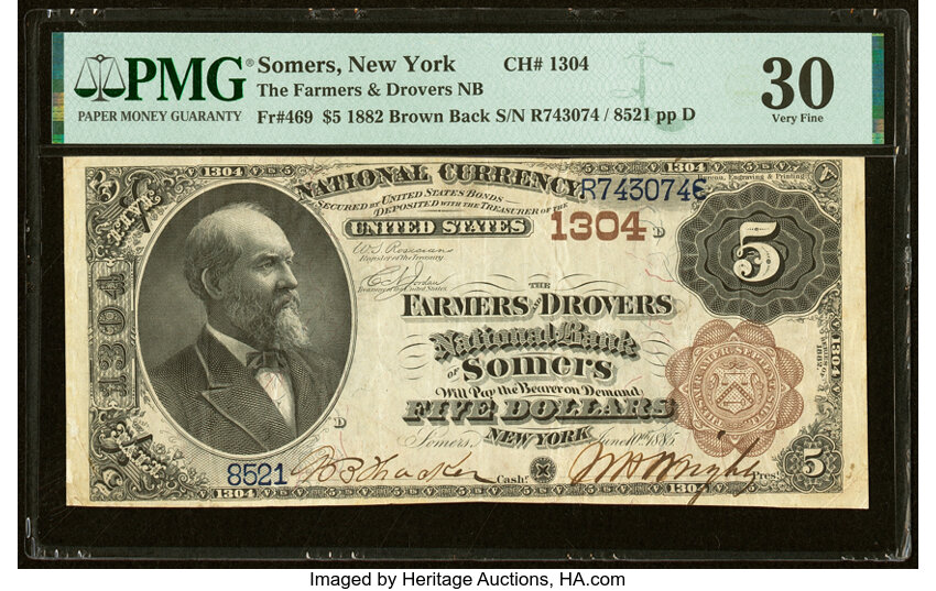 image for: Somers, NY - $5 1882 Brown Back Fr. 469 The Farmers & Drovers National Bank Ch. # 1304 PMG Very Fine 30....