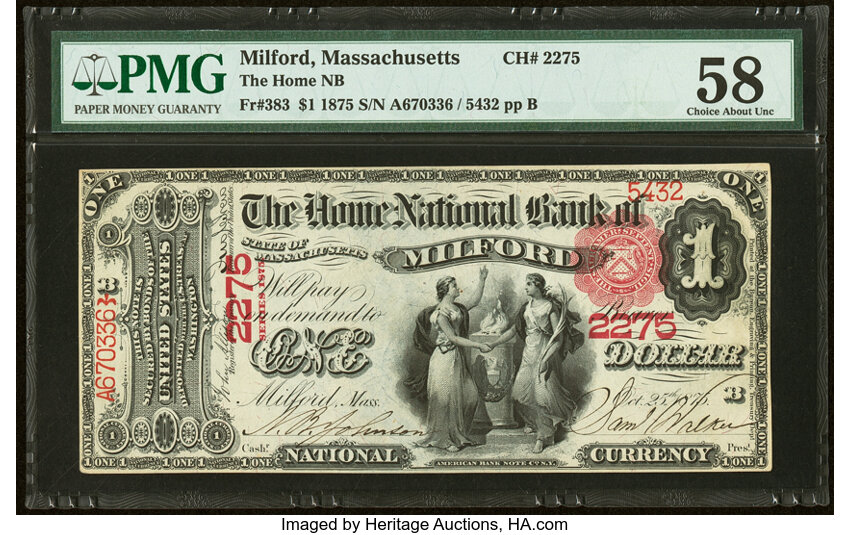 image for: Milford, MA - $1 1875 Fr. 383 The Home National Bank Ch. # 2275 PMG Choice About Unc 58....
