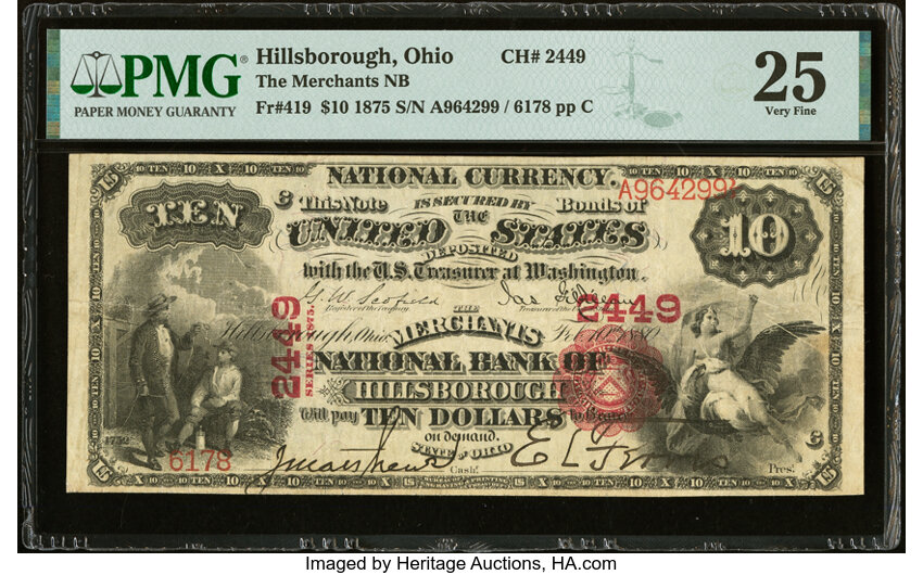 image for: Hillsborough, OH - $10 1875 Fr. 419 The Merchants National Bank Ch. # 2449 PMG Very Fine 25....