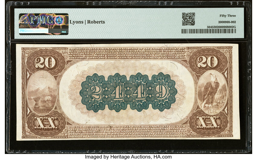 image for: Hillsborough, OH - $20 1882 Brown Back Fr. 504 The Merchants National Bank Ch. # 2449 PMG About Uncirculated 53....