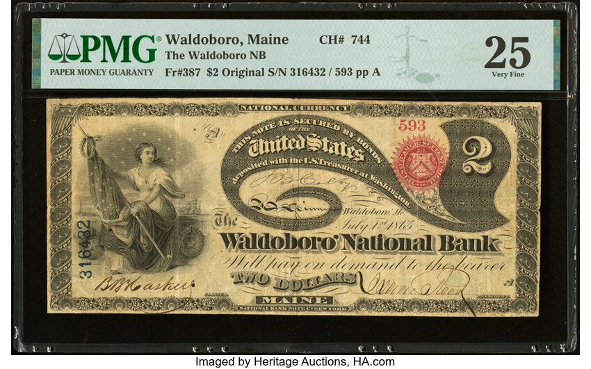 image for: Waldoboro, ME - $2 Original Fr. 387 The Waldoboro National Bank Ch. # 744 PMG Very Fine 25....
