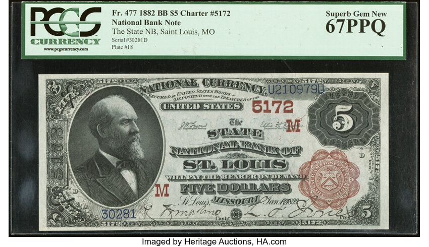 image for: Saint Louis, MO - $5 1882 Brown Back Fr. 477 The State National Bank Ch. # (M)5172 PCGS Superb Gem New 67PPQ....