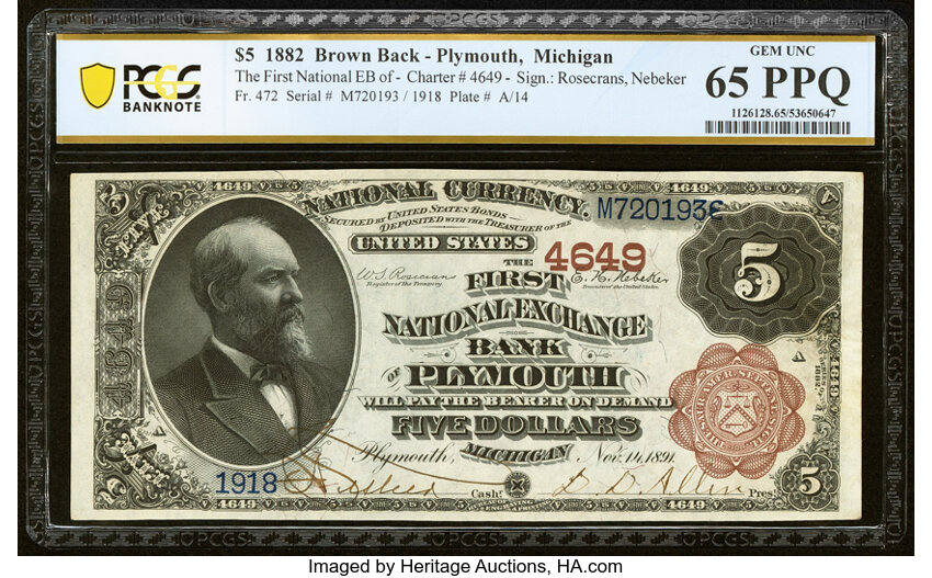 image for: Plymouth, MI - $5 1882 Brown Back Fr. 472 The First National Exchange Bank Ch. # 4649 PCGS Banknote Gem Unc 65 PPQ....