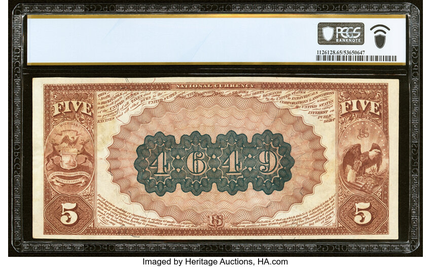 image for: Plymouth, MI - $5 1882 Brown Back Fr. 472 The First National Exchange Bank Ch. # 4649 PCGS Banknote Gem Unc 65 PPQ....