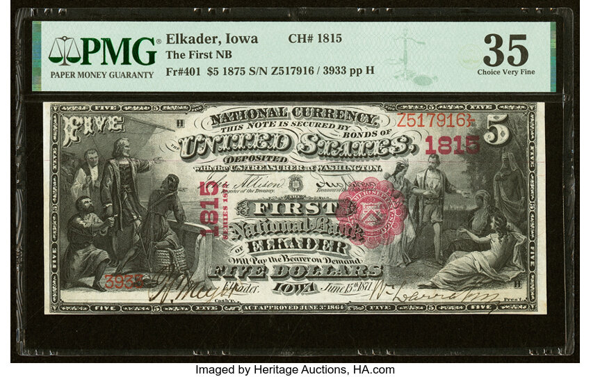 image for: Elkader, IA - $5 1875 Fr. 401 The First National Bank Ch. # 1815 PMG Choice Very Fine 35....
