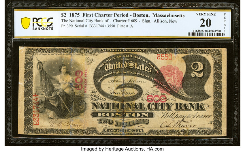 image for: Boston, MA - $2 1875 Fr. 390 The National City Bank Ch. # 609 PCGS Banknote Very Fine 20 Details....